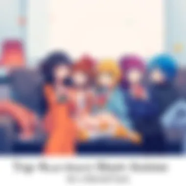 Colorful anime characters enjoying a movie together Four diverse anime characters sitting on a couch, watching a film with snacks