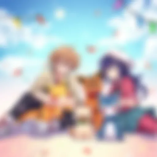 Two anime characters happily playing with their adorable pets, showcasing friendship and connection