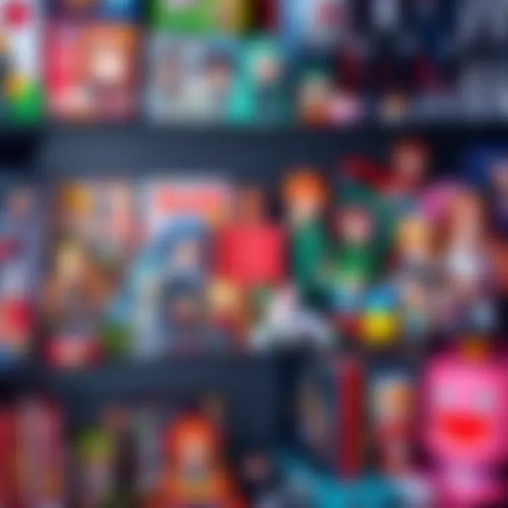 A colorful display of various anime figures and merchandise on a shelf, showcasing favorite items and rare finds.