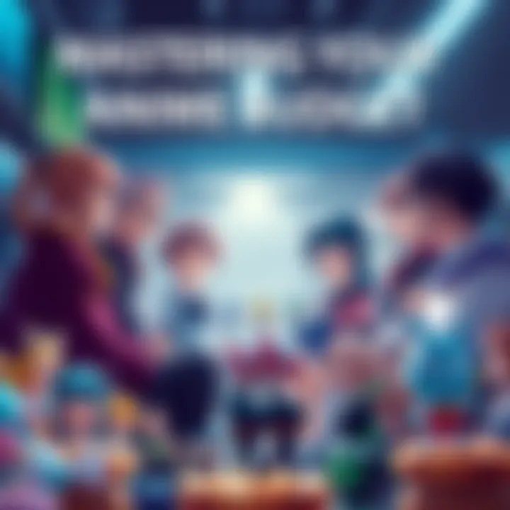 A group of anime collectors discussing budgeting strategies with various anime figures and merchandise around them