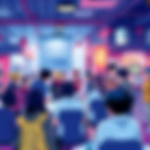 A vibrant group of anime fans discussing shows, sharing recommendations, and showcasing collectibles