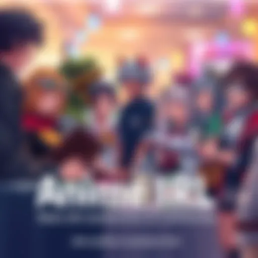 A group of anime fans in costumes enjoying a community event, sharing stories and laughter.