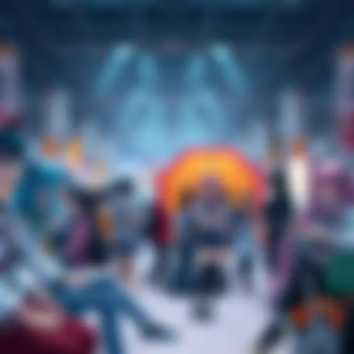 A group of people at an anime-themed event wearing costumes and enjoying activities related to anime.