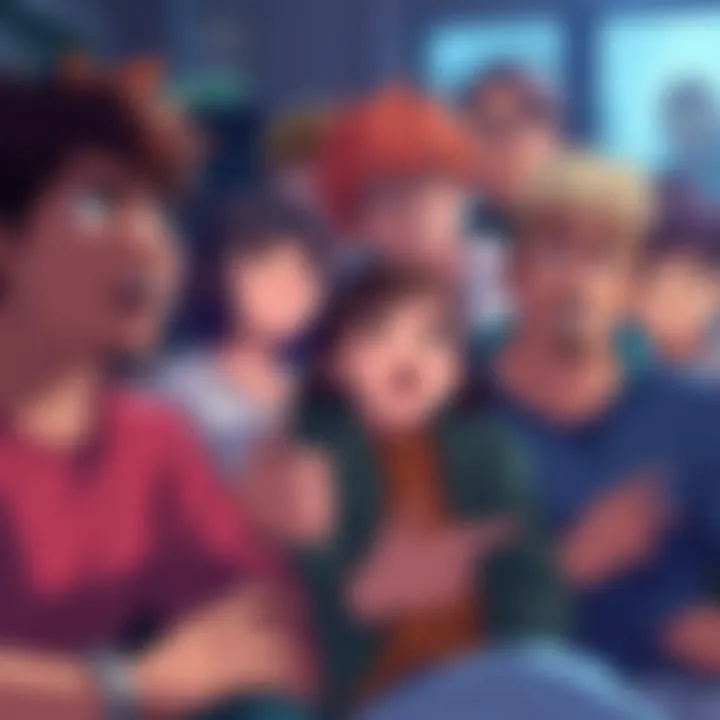 A group of diverse anime fans discussing their favorite series with mixed expressions, some excited and others disinterested.