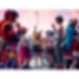 Fans in colorful costumes celebrating anime at a convention