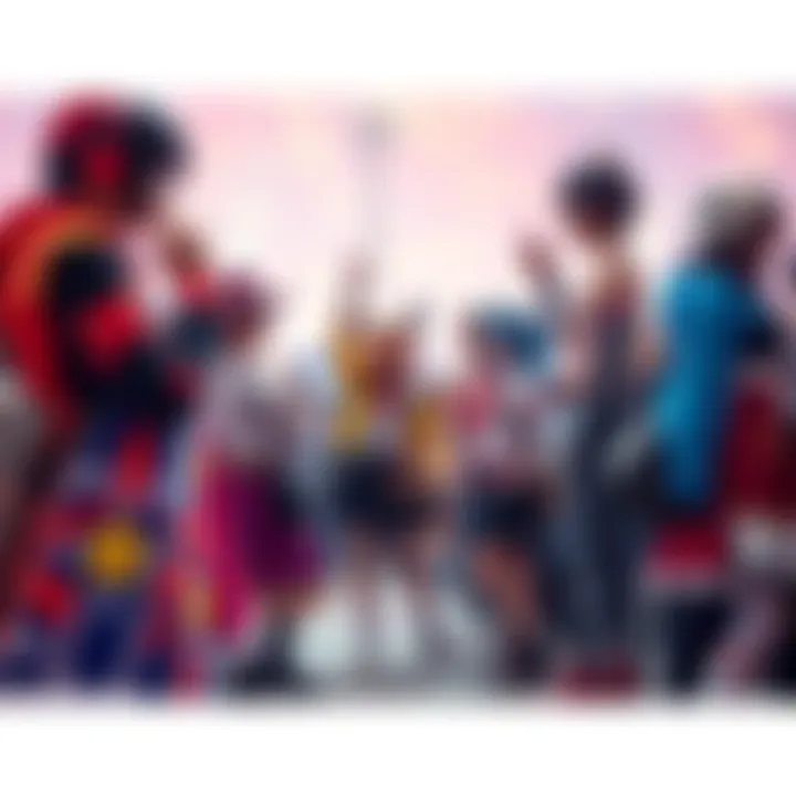 Fans in colorful costumes celebrating anime at a convention