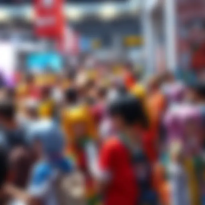 A vibrant crowd of fans dressed in colorful anime costumes at a convention, celebrating their love for anime and culture.