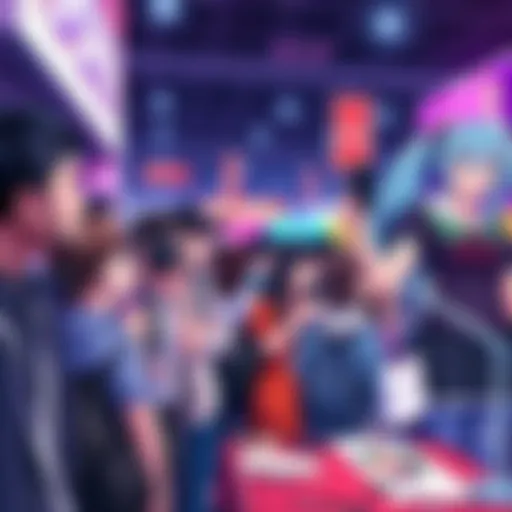Fans gather at an anime convention meet and greet, ready with items for signing and taking photos with an anime character.