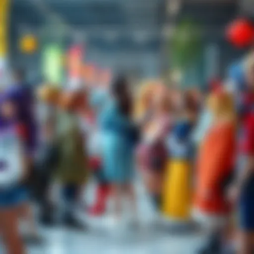 A group of people in colorful anime costumes at a cultural event, showing lively interactions and excitement.