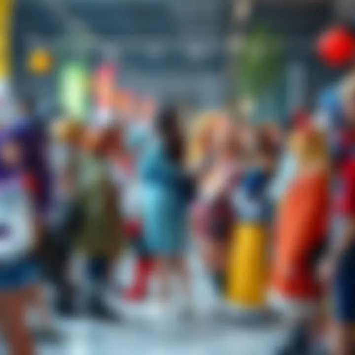 A group of people in colorful anime costumes at a cultural event, showing lively interactions and excitement.