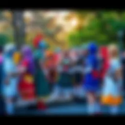 A group of people in colorful costumes representing different anime characters, gathered at a park, showcasing their creativity and passion for anime.