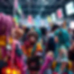 A lively group of people in colorful anime costumes at a community event.