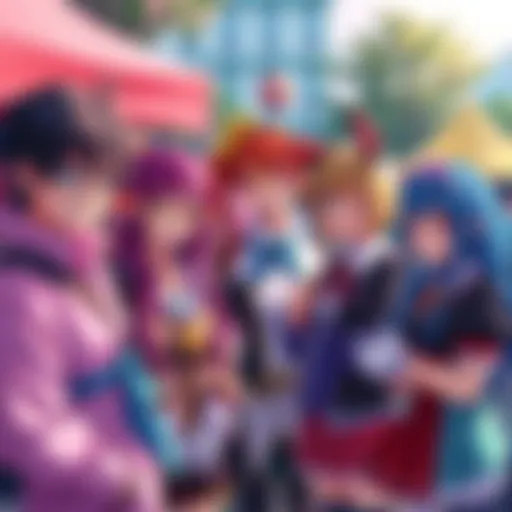 A group of anime fans dressed as their favorite characters at a lively outdoor event, showcasing colorful costumes and vibrant expressions.