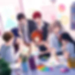 Several anime characters are shown brainstorming and working on artistic projects, surrounded by art supplies and colorful designs.