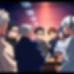 A group of anime creators in a lively discussion about the Shouichi Yamamoto scandal, expressing concern about its impact on storytelling.