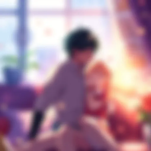 Two anime characters cuddling in a cozy setting, surrounded by soft light and a warm atmosphere, expressing love and affection.