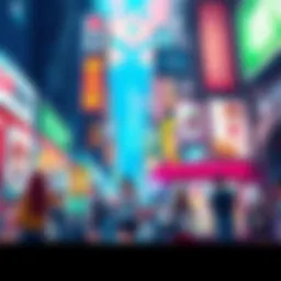 A vibrant street scene showing people wearing anime-inspired fashion, engaging in social activities, and displaying anime posters, reflecting the cultural impact of anime in daily life.