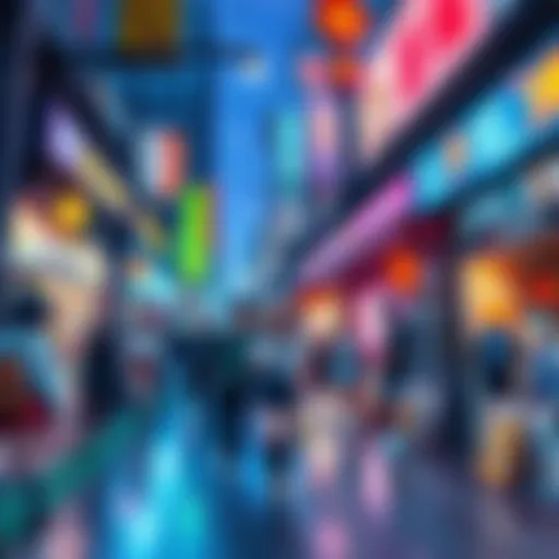 A vibrant street scene showcasing people dressed as anime characters, with colorful shops and merchandise in the background.