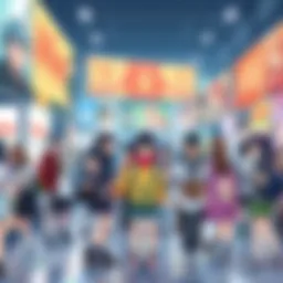 A group of fans wearing anime-themed clothing, surrounded by anime posters and merchandise, showcasing how anime influences their everyday culture.
