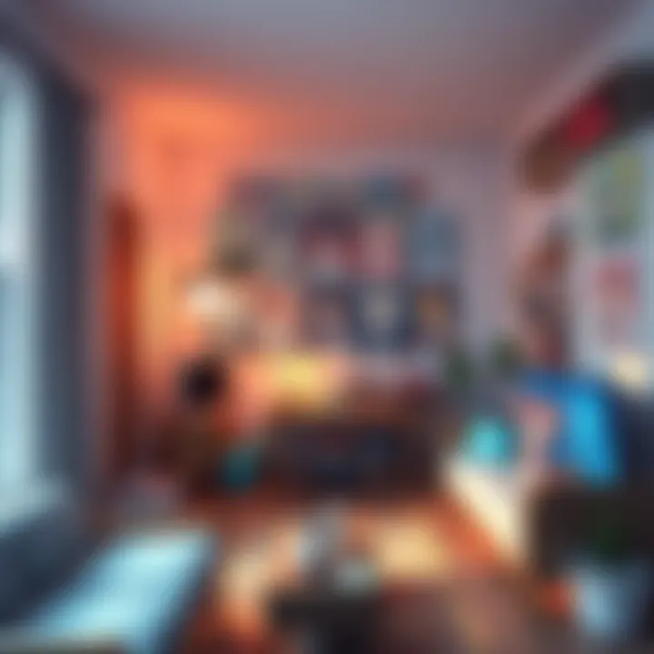 Anime Decor in Apartment A cozy apartment room decorated with anime girl posters and figurines, showcasing vibrant colors and playful themes, creating a lively atmosphere.