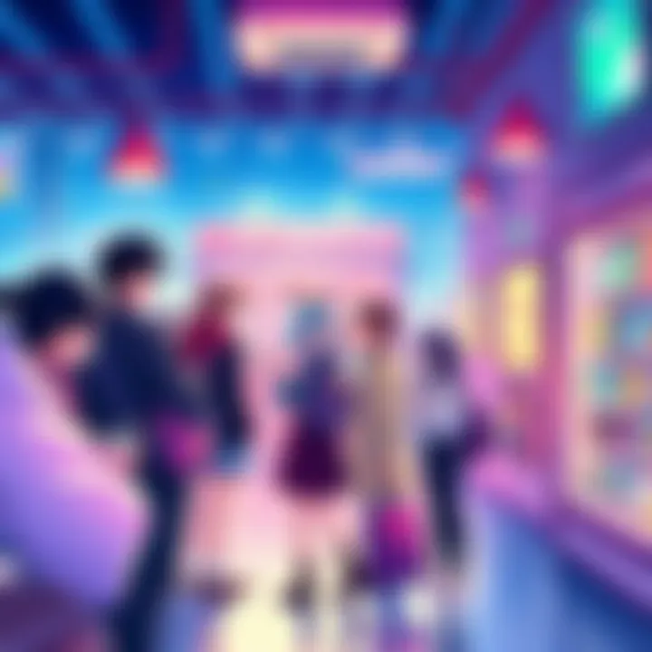 A vibrant illustration of anime characters engaging in conversation, with people sharing recommendations and showcasing merchandise in a lively online community setting