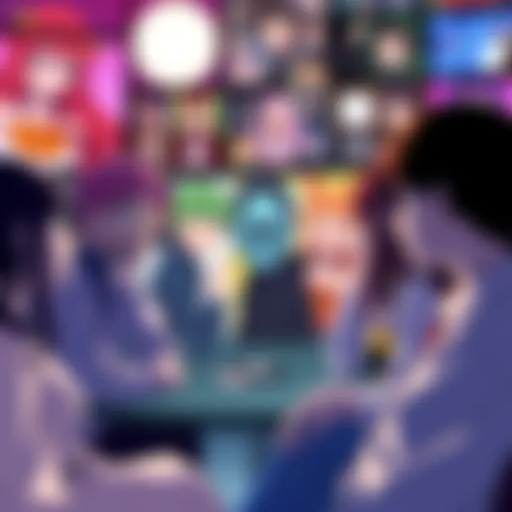 A group of people chatting about anime with images of popular anime characters in the background