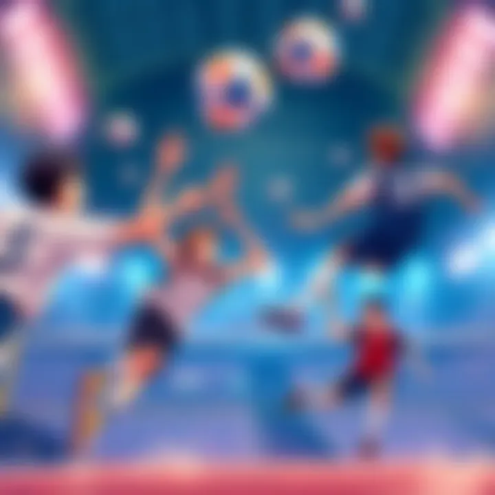 A high-energy scene from an anime dodgeball game, showing players diving to catch the ball and showcasing their unique skills