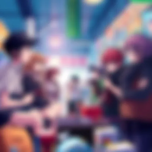 A lively discussion among anime fans sharing questions and recommendations with anime merchandise displayed.