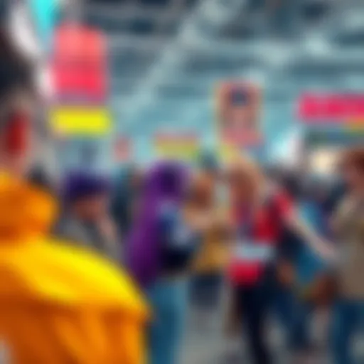 A group of fans engaging in cosplay at an anime convention, showcasing colorful costumes and character interactions.
