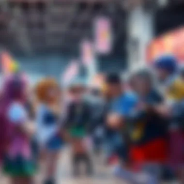A group of cosplayers dressed as popular anime characters interacting at a convention event.