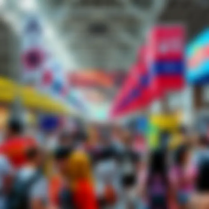 A vibrant scene capturing both Anime Expo and Anime NYC elements with fans in costumes, colorful banners, and popular anime characters in the background.