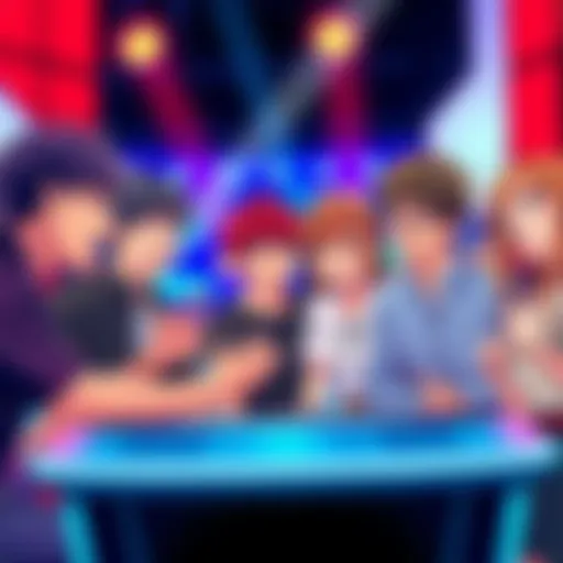 A group of anime fans excitedly discussing their answers for the Anime Family Feud game challenge.