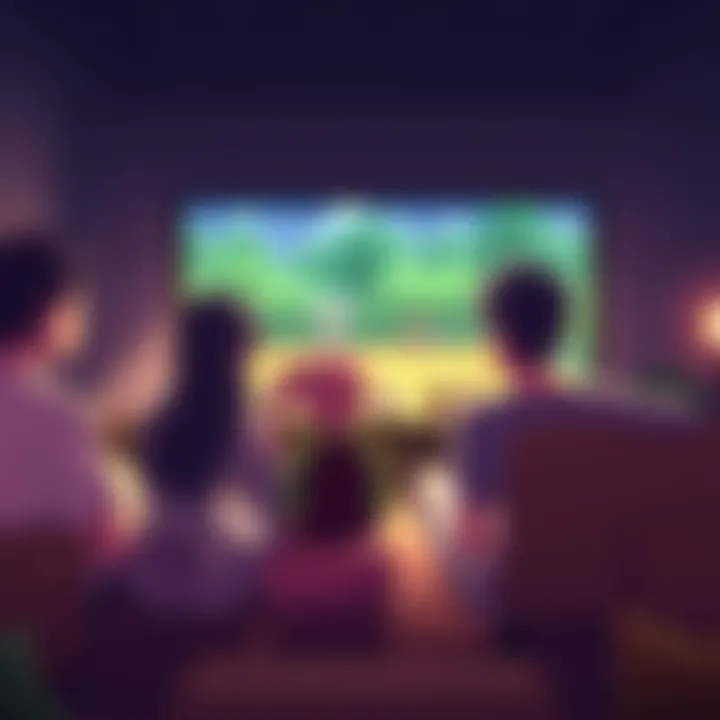 A family watching anime together, with a focus on a lively romcom scene showing characters at a basketball game.