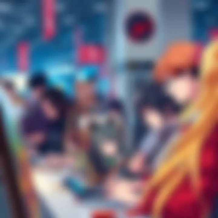 Anime fan art A group of diverse fans creating anime-inspired artwork at a convention, showcasing their creativity and passion for the genre.