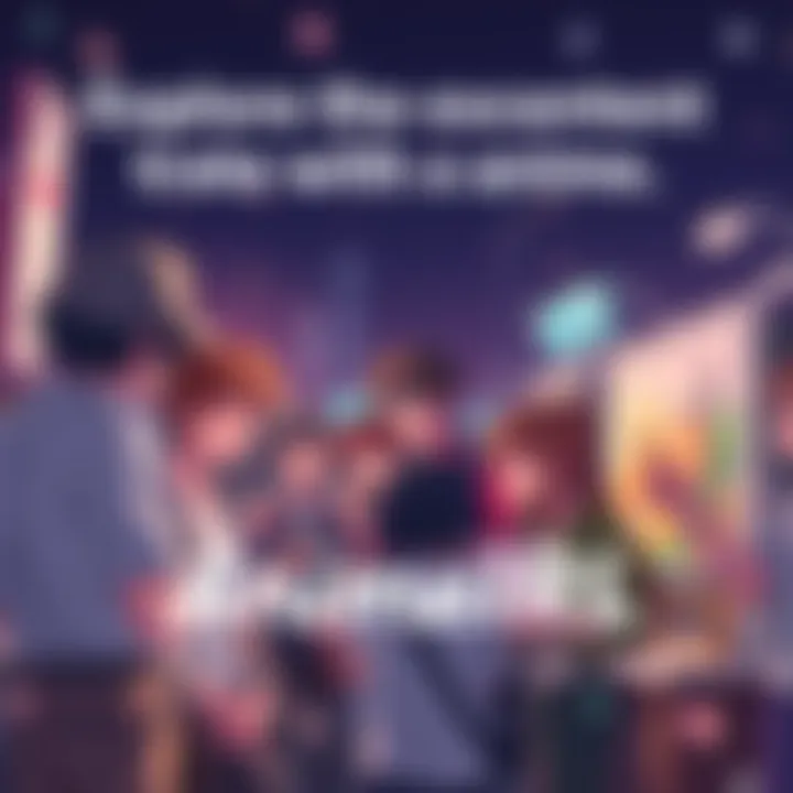 A group of anime fans discussing and sharing art at a vibrant community event