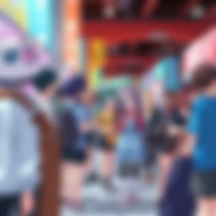 A group of anime fans wearing themed clothing at a community event, showcasing their favorite characters and sharing experiences.