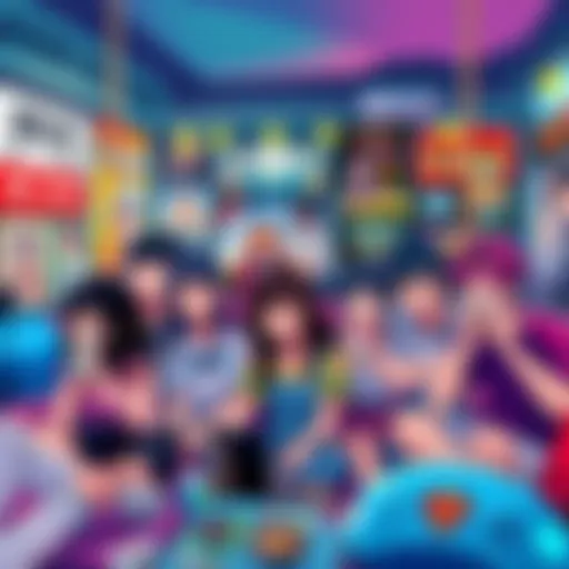 A group of diverse anime fans enjoying a viewing party, surrounded by anime posters and merchandise
