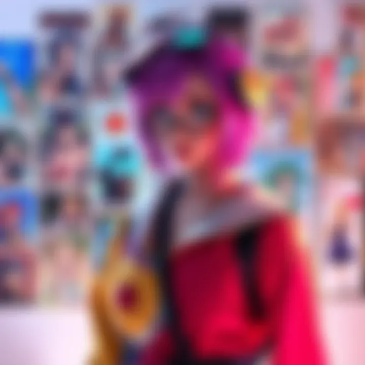Anime fan wearing cosplay A person in colorful cosplay representing a popular anime character, surrounded by fan art and posters.