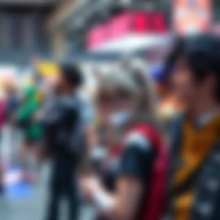 A group of anime fans dressed as their favorite characters at a lively convention