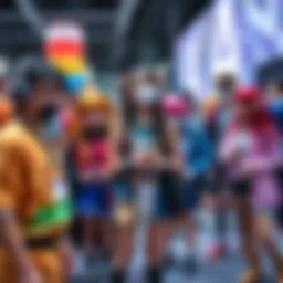 A group of anime fans dressed as their favorite characters at a convention, showcasing vibrant costumes and accessories.