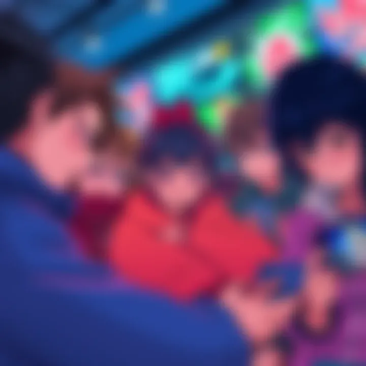 A group of anime fans looking disheartened while browsing their favorite anime on devices, showing a sense of disappointment in the current fandom.