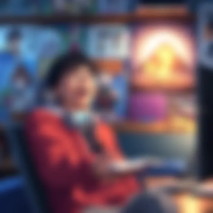 A 34-year-old anime enthusiast expresses joy while watching Dr. Stone, surrounded by anime merchandise and posters.