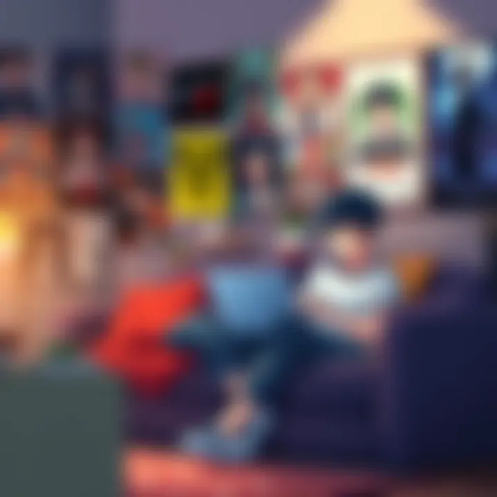 A fan sitting on a couch with a laptop, looking for anime series with strong characters and completed stories, surrounded by anime posters