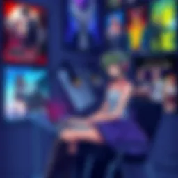 Anime fan looking for recommendations An anime enthusiast sitting with a laptop, browsing through anime forums for new suggestions after finishing My Hero Academia, surrounded by action and romance anime posters.