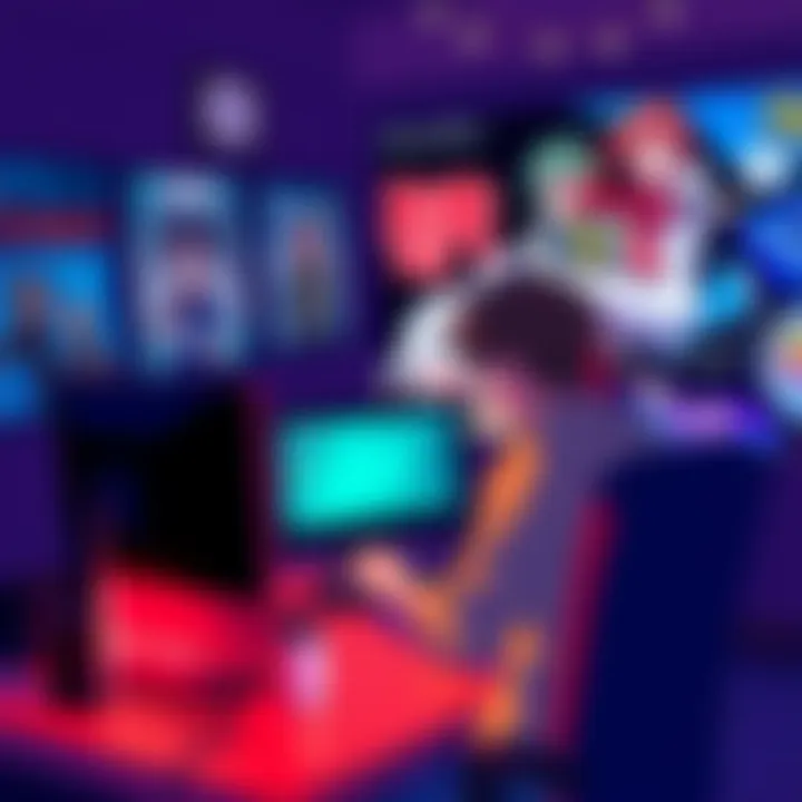 A person sitting in front of a computer, looking for anime recommendations on Crunchyroll, with anime posters in the background.