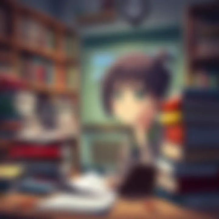 A dedicated anime fan surrounded by manga books and notes, looking frustrated while studying for exams, wishing for spoilers about Hina-chan's romance.