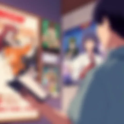 A person looking at anime posters on a wall, holding a notebook and pen, excitedly taking notes about new series to watch, featuring characters from Dandadan and AOT.