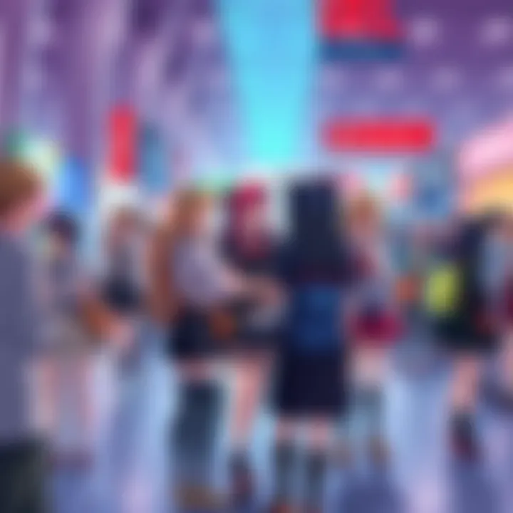 A group of anime fans chatting and enjoying cosplay at a convention, sharing their favorite shows and friendships.