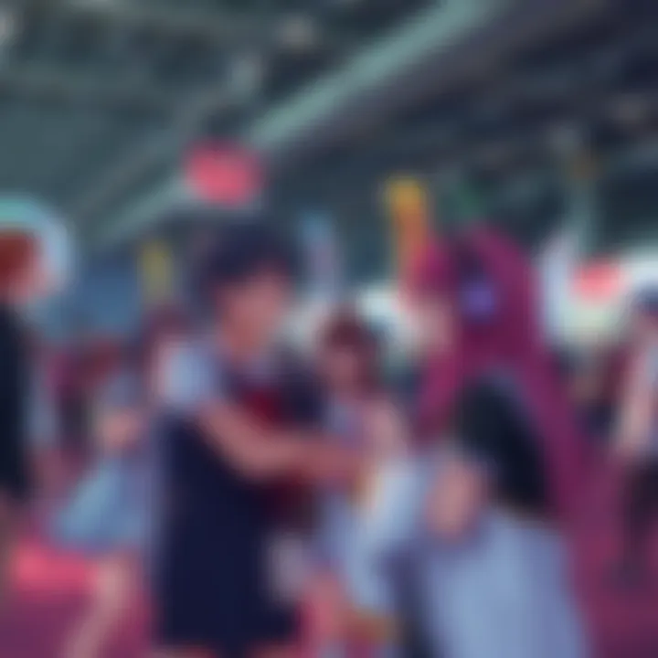 A group of anime fans wearing cosplay, engaging in conversation at a lively convention atmosphere