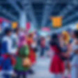 A group of anime fans dressed in various character costumes at a lively convention, sharing artwork and enjoying their community.